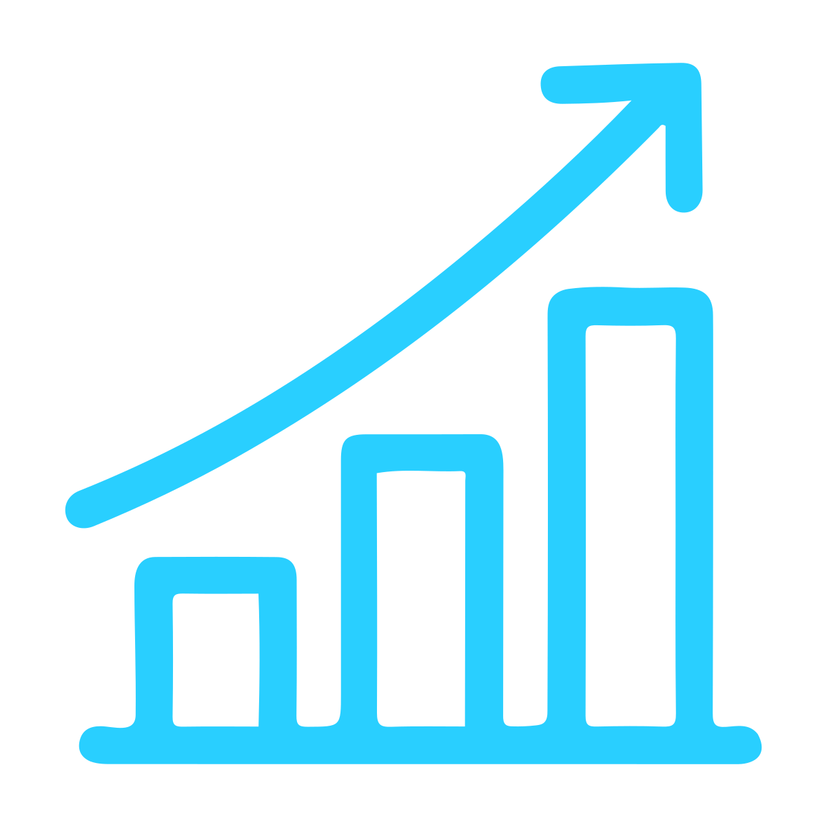 Blue ascending bar chart with an upward arrow on top.  More business, less contract negotiation.