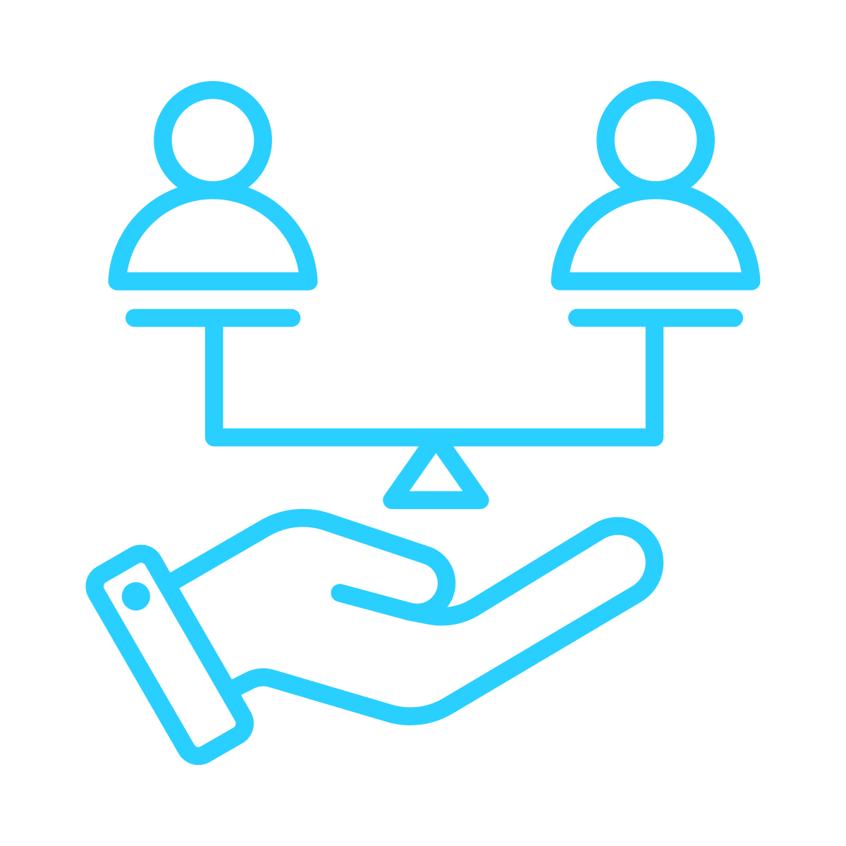Icon of a hand holding two connected human figures, representing support or connection.  Balanced, independently drafted contracts.