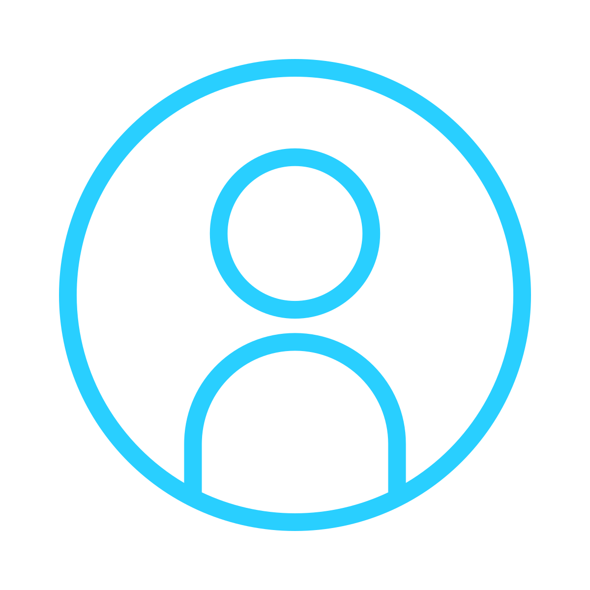 Outline of a user profile icon in blue on a black background.