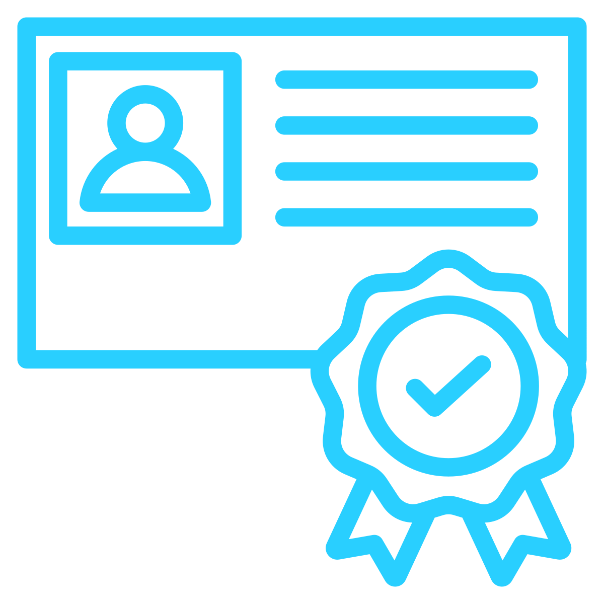 ID badge icon with a profile picture, text lines, and a checkmark badge.  Our credentials.  Law firm.