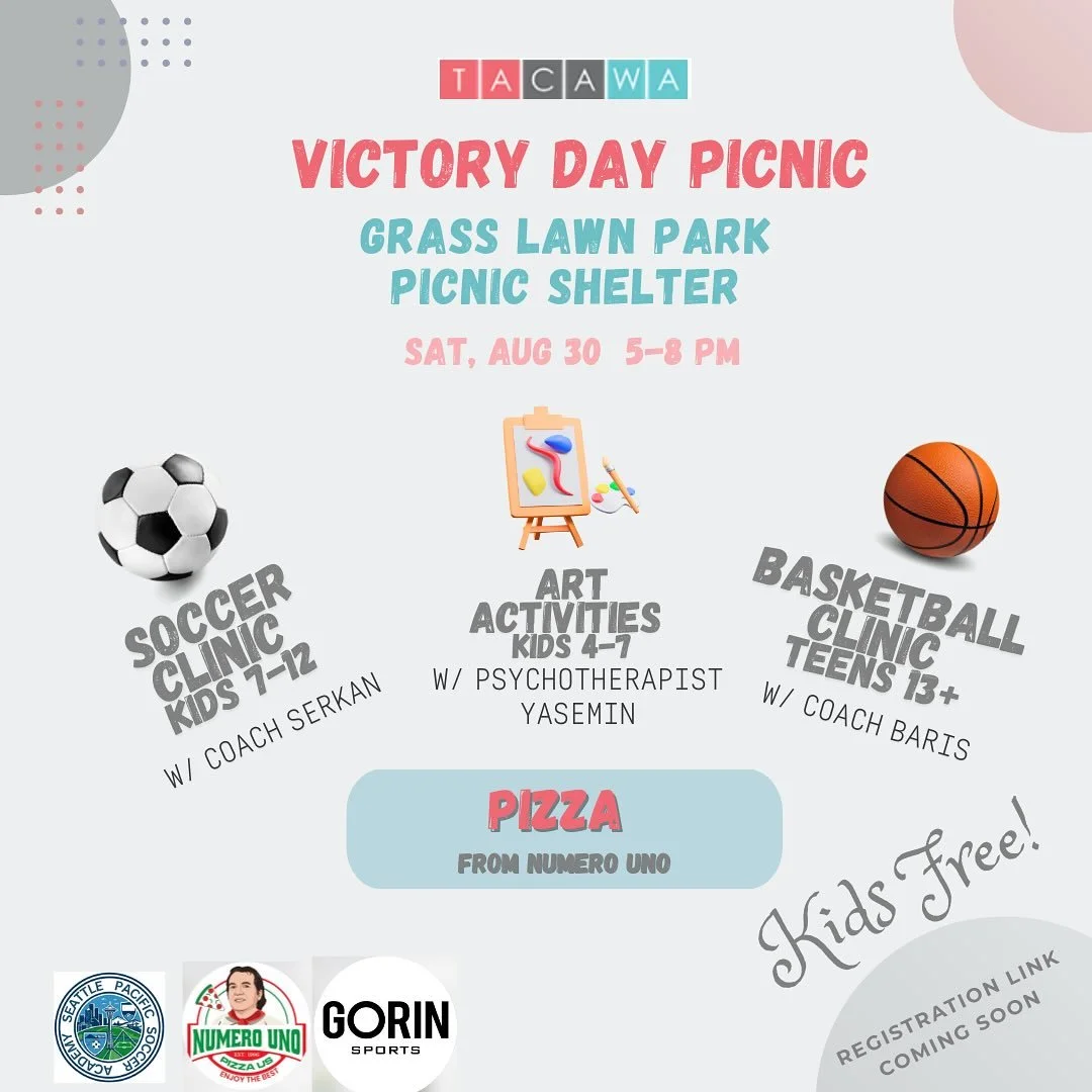 🎉 Join us for TACAWA&rsquo;s Victory Day Picnic! 🇹🇷✨ 📅 Saturday, August 30th 📍 Grasslawn Park
A fun-filled day awaits with: ⚽ Soccer Clinic, 🏀 Basketball Clinic, 🎨 Art Activities, and more! Bring your family, bring your friends! Let&rsquo;s ce