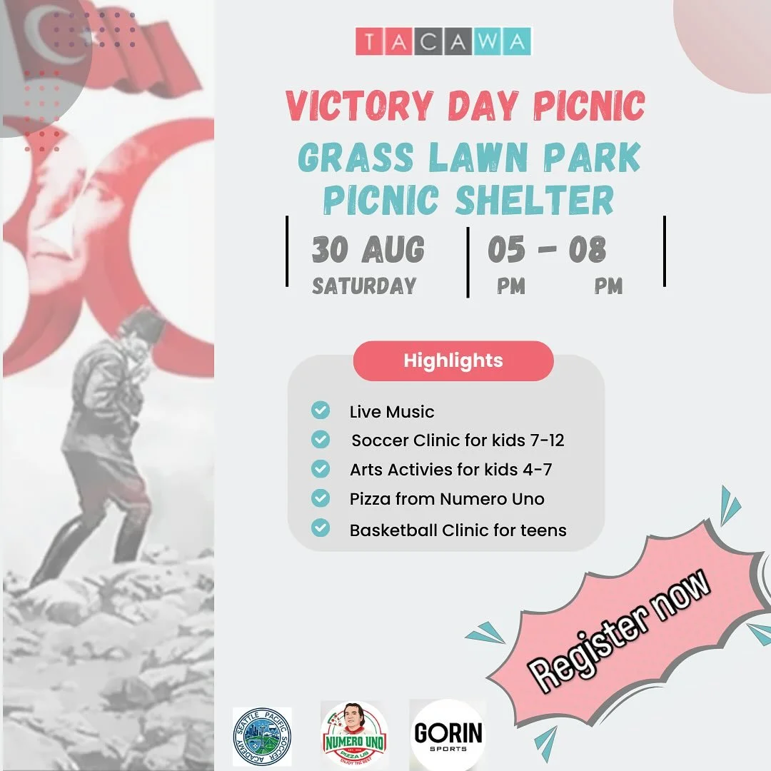 Get ready for TACAWA&rsquo;s Victory Day Picnic! 🇹🇷✨ ⚽ Sports, 🎨 art, 🏀 fun, and community joy&mdash;see you August 30 at Grasslawn Park!
 🎉 TACAWA Zafer Bayramı Pikniği yaklaşıyor! 🇹🇷✨ ⚽ Spor, 🎨 sanat, 🏀 eğlence ve dostluk&hellip; 30 Ağusto