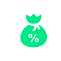 Green money bag icon with a percentage symbol on it.