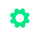 A green gear or cog icon on a black background.