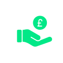 Green hand holding a coin with a British pound sign
