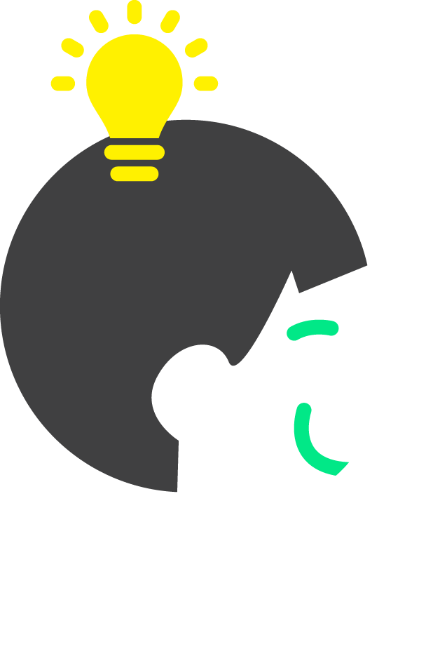 Illustration of a person with a big dark hair bun, smiling with eyes closed, and a yellow light bulb above their head, representing a bright idea.