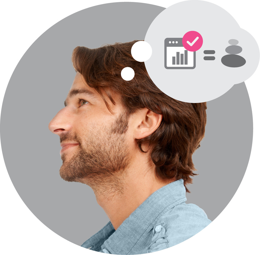 A man with brown hair and a beard, smiling and looking to the left, with a thought bubble showing a bar graph, a pink checkmark, and a person icon.