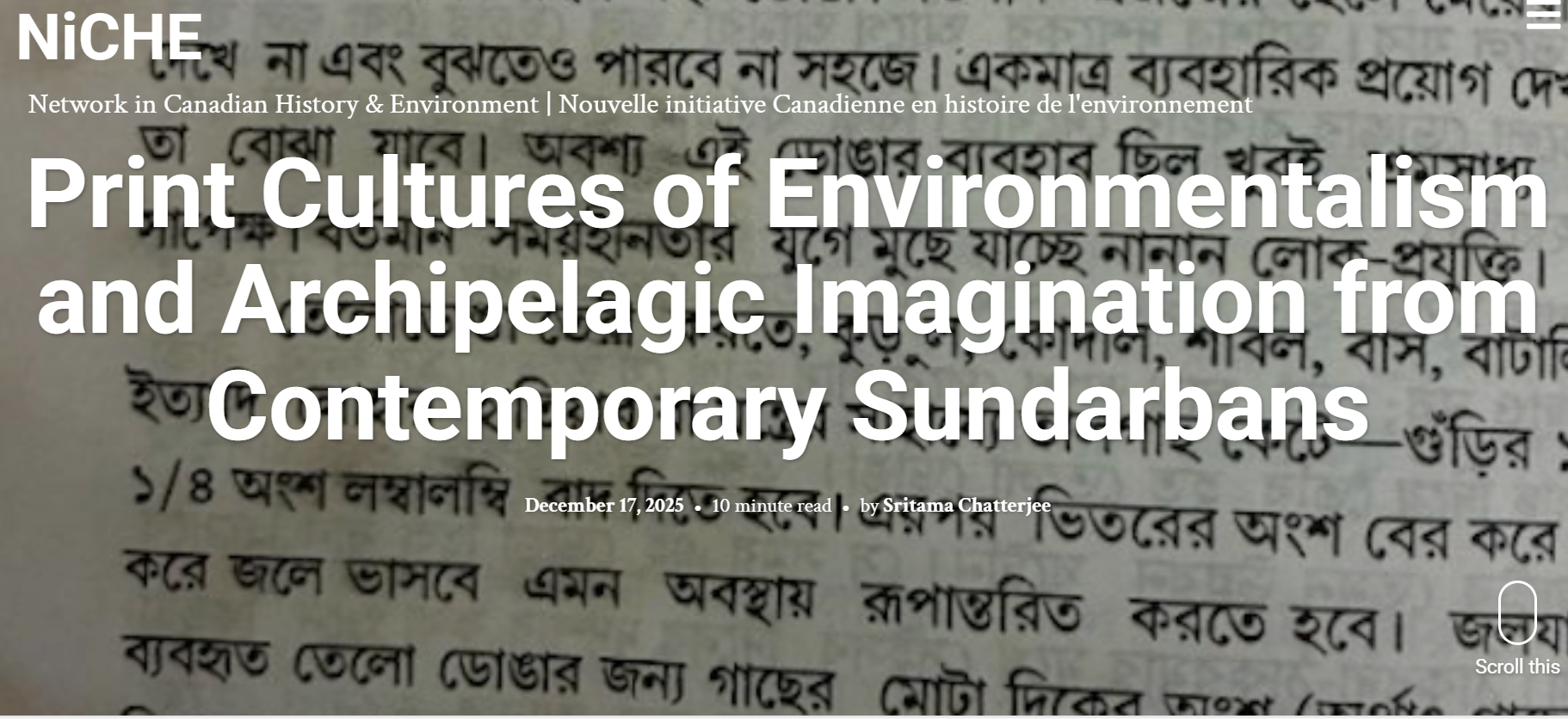 Overlay of a document with Bengali script in the background and the title 'Print Cultures of Environmentalism and Archipelagic Imagination from Contemporary Sundarbans' in white text.