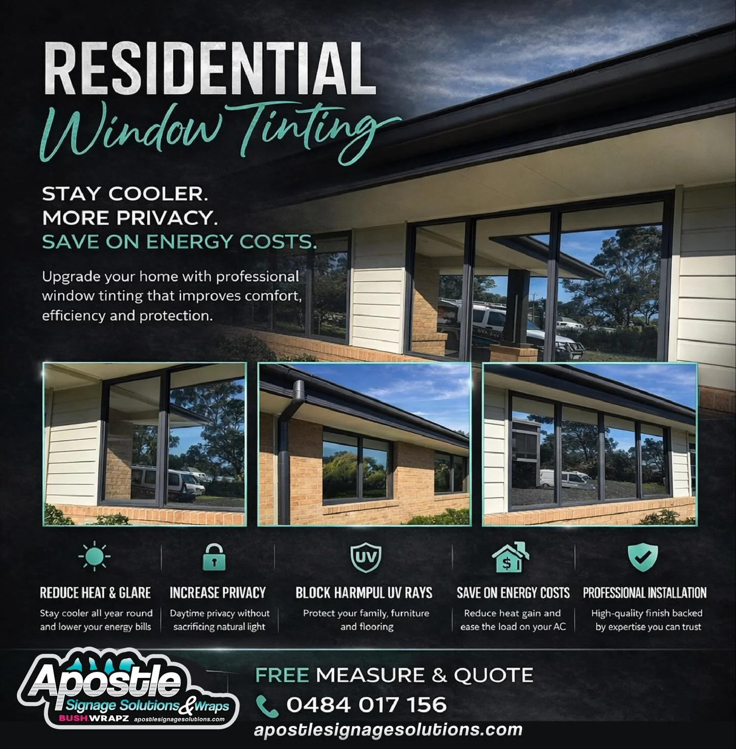 &ldquo;Exciting news! We&rsquo;re now offering residential window tinting 🏡

Keep your home cooler, reduce glare, enjoy more privacy, and save on energy bills &ndash; all with a sleek, modern look.

We provide a free measure and quote, so you know e