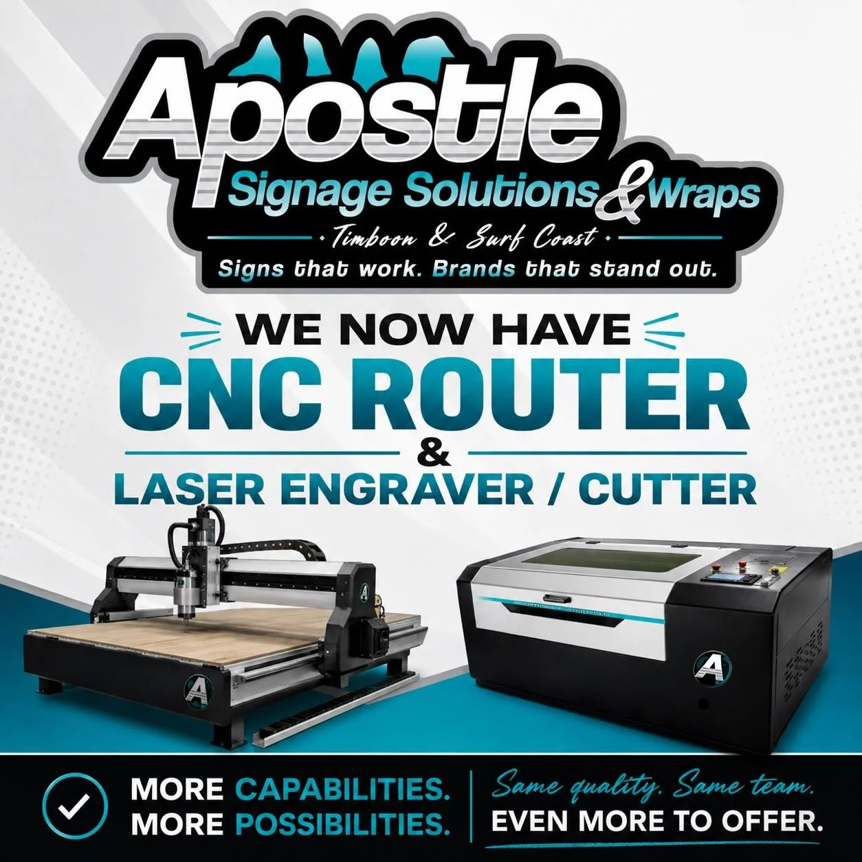 We&rsquo;ve expanded what we can offer

We now has an in-house CNC Router and Laser Engraver / Cutter..

Now offering:&bull; Laser engraving&bull; CNC routed signage&bull; Acrylic lettering&bull; Custom engraved products&bull; Precision cut panels &a