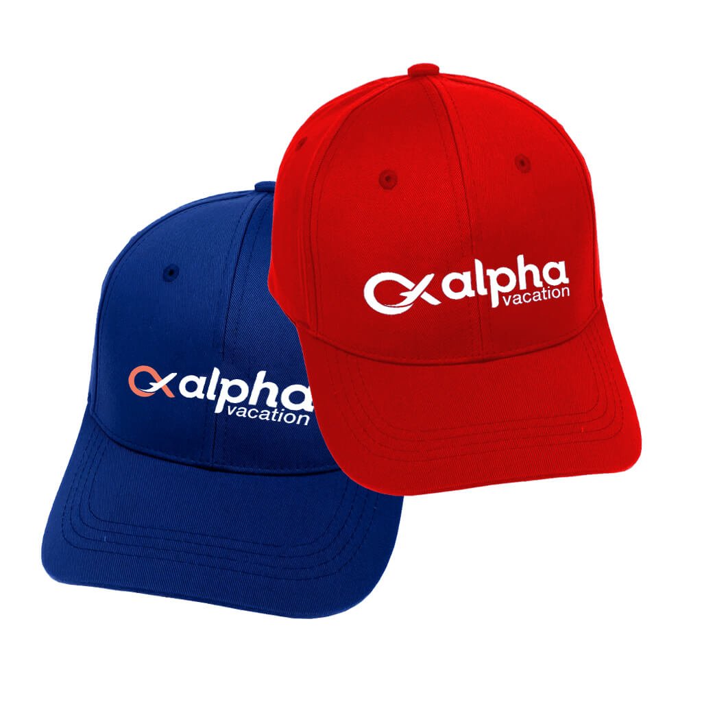 Red and blue baseball caps with 'alpha vacation' logo.
