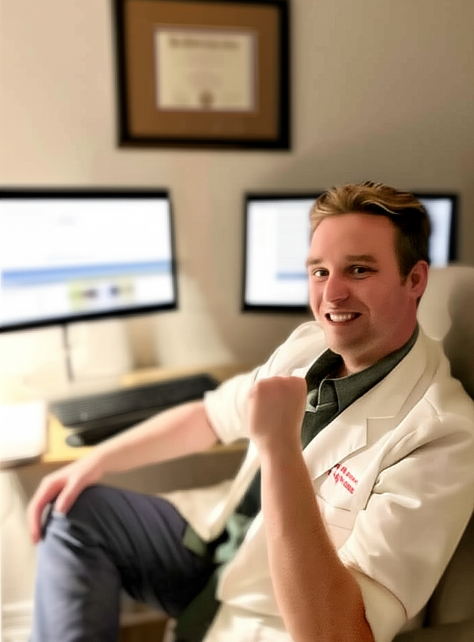 Young man wearing white doctor's coat smiling and showing a fist pump sitting at a desk with two computer monitors in the background.