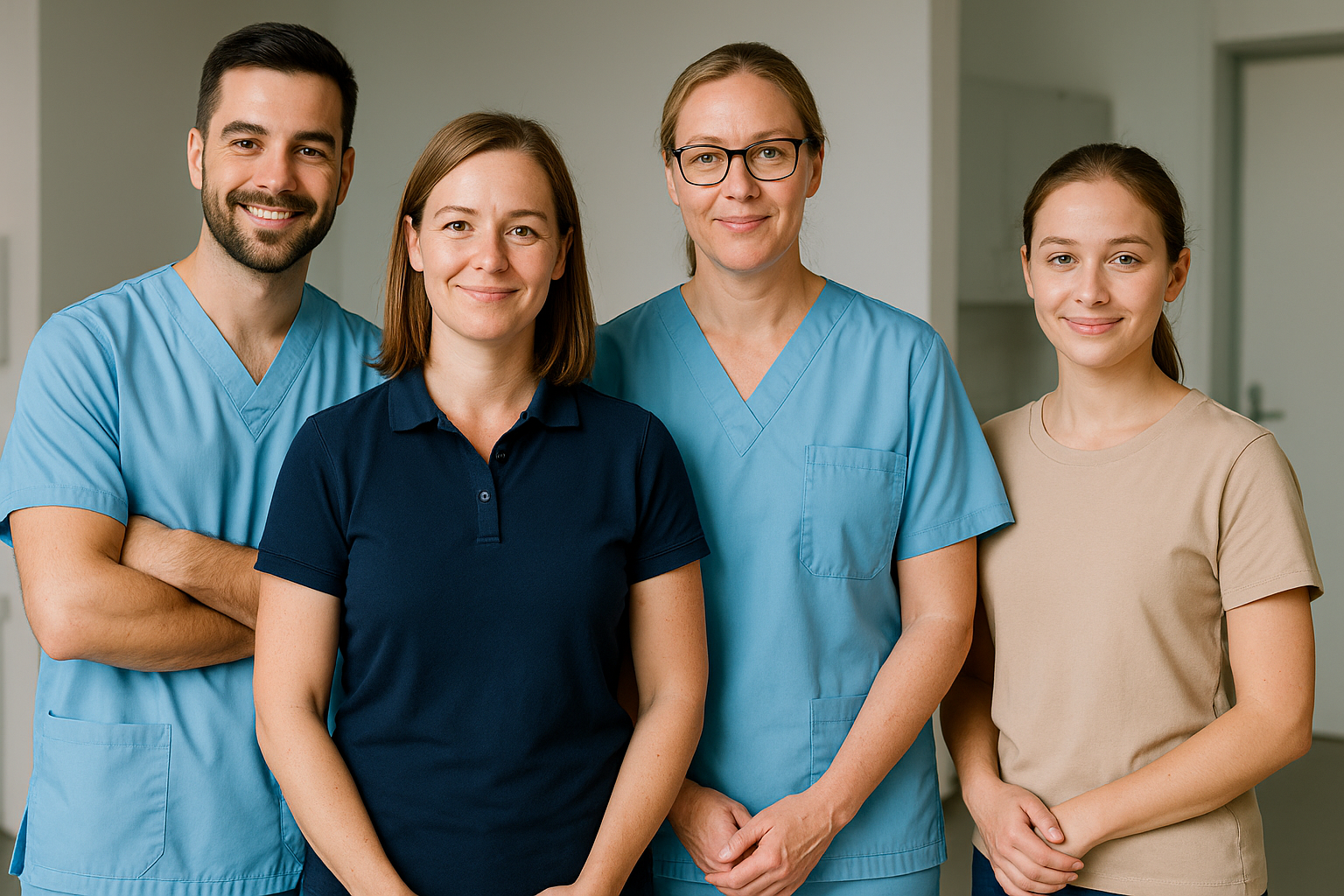 Fem sundhedsprofessionelle står sammen i et hospital eller klinik.