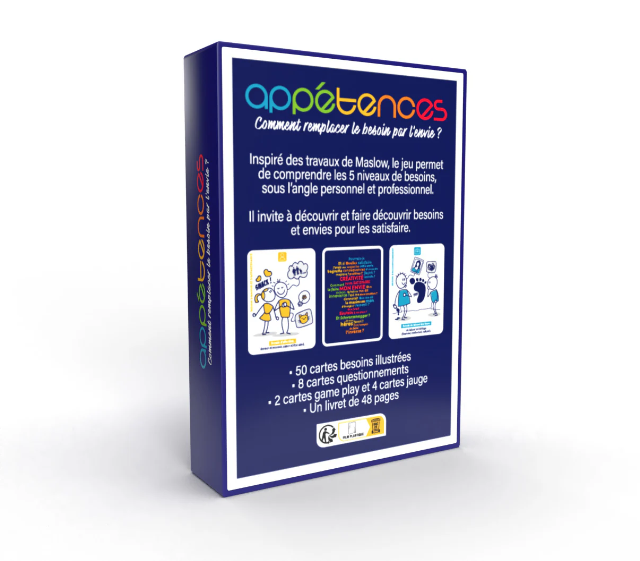 Ce jeu est accompagné d’un livret de 47 pages qui propose différentes façons d’utiliser les cartes, ainsi qu’un bref aperçu de théories sociologiques revisitées — notamment celle de Maslow, liée à l’autodétermination.