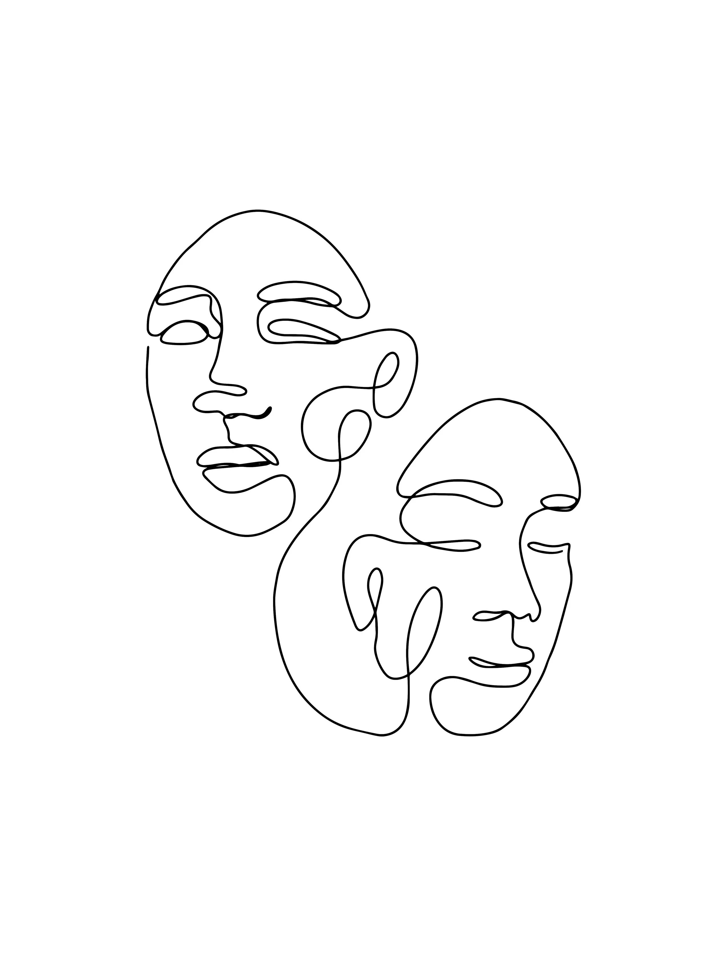 Zwei stilisierte, linienartige Porträts von Menschen in Schwarz auf weißem Hintergrund.
