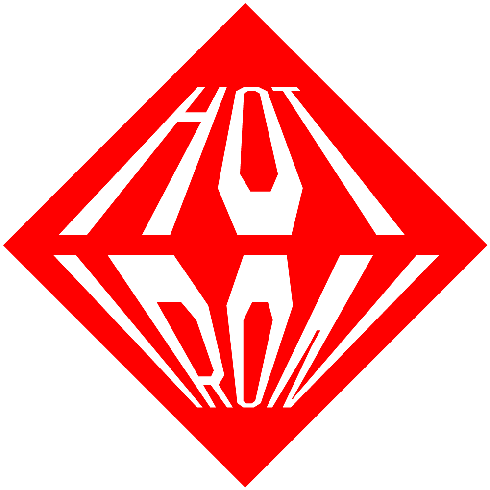 A red diamond-shaped logo with the words HOT IRON warped inside of it.