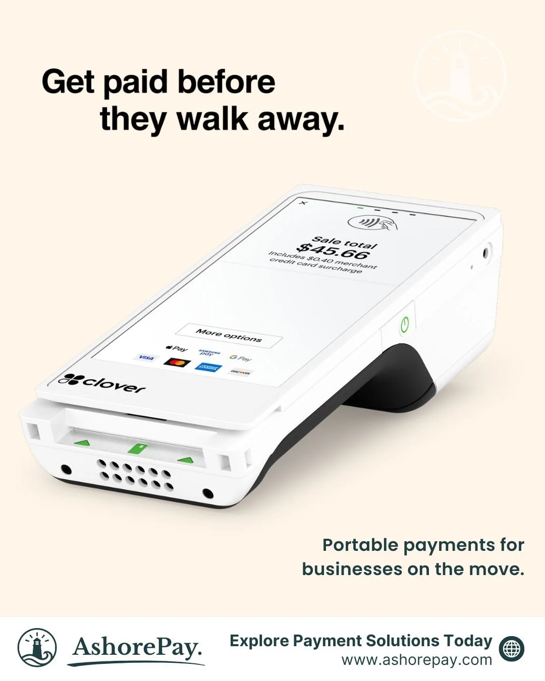 Never miss a sale with AshorePay's portable payment devices.