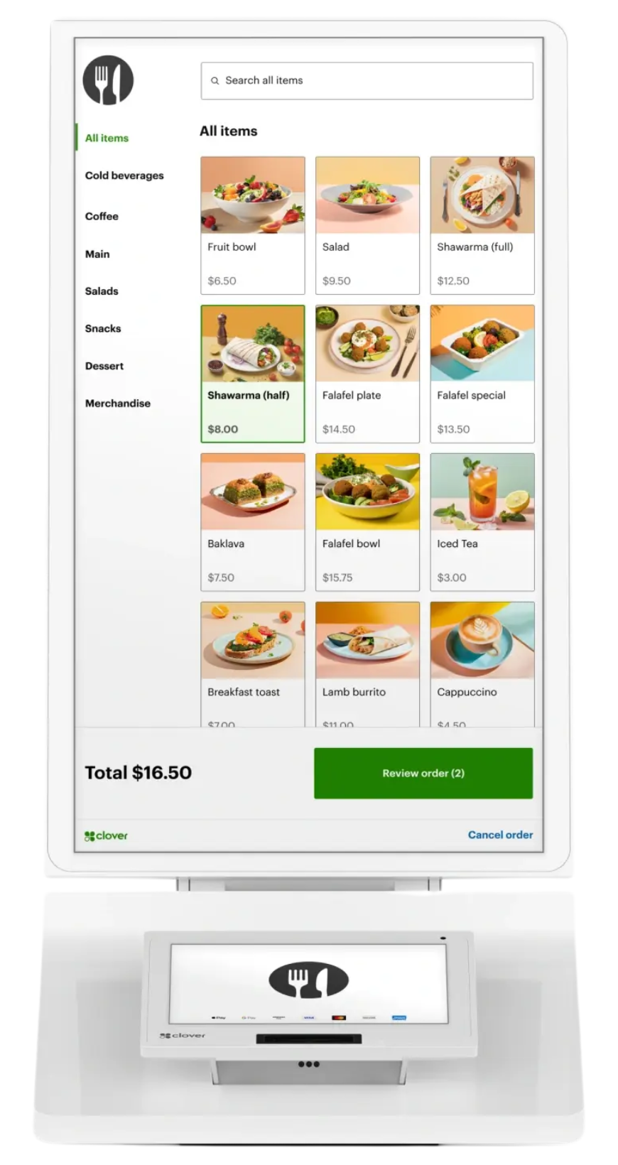 Touchscreen food ordering kiosk displaying menu of Middle Eastern dishes, drinks, and desserts with prices, a total of $16.50, and options to review or cancel the order.