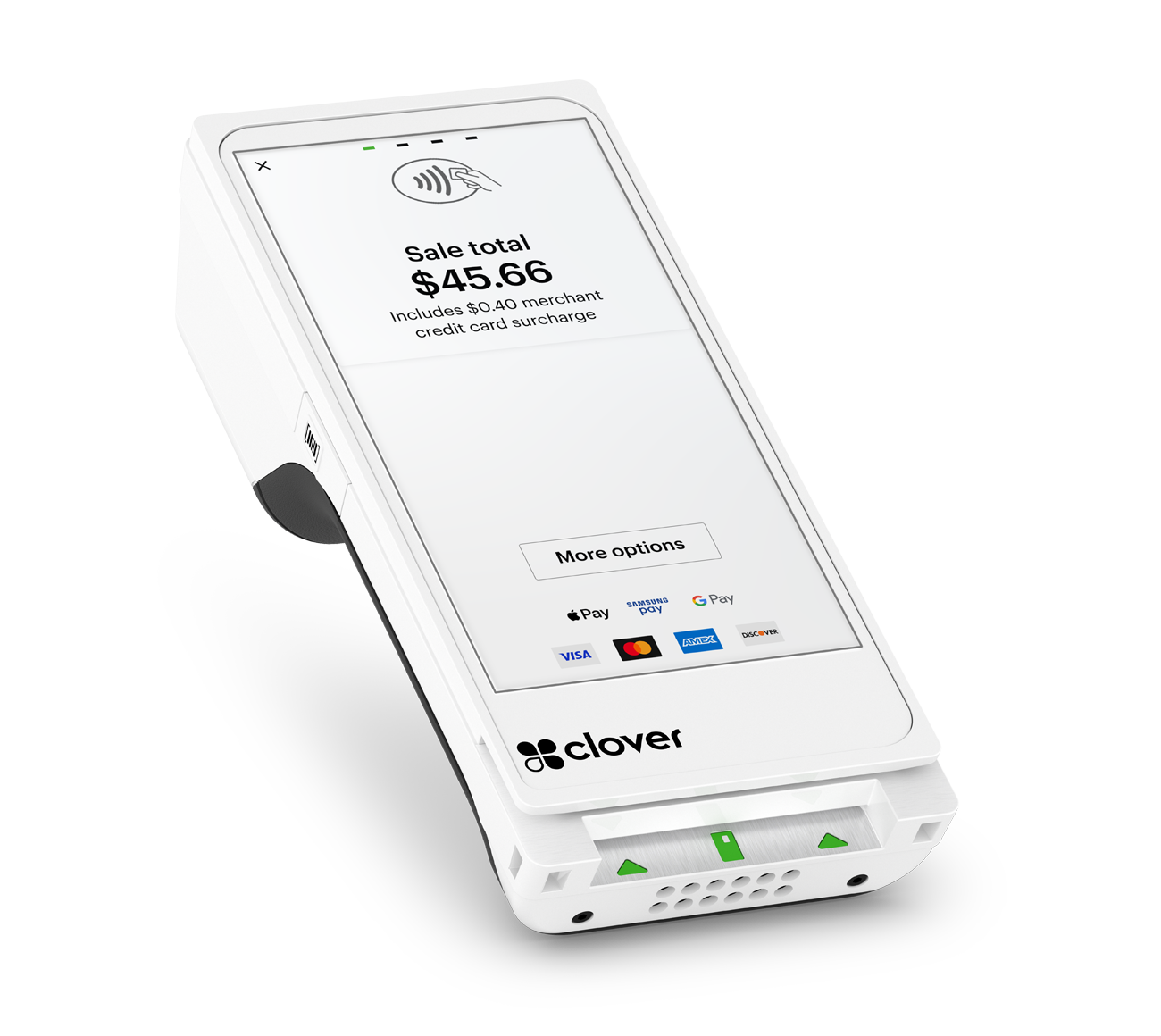 A white Clover point-of-sale device displaying a total sale amount of $45.66 and icons for contactless payment options like Apple Pay, Samsung Pay, Google Pay, Visa, Mastercard, American Express, and Discover.