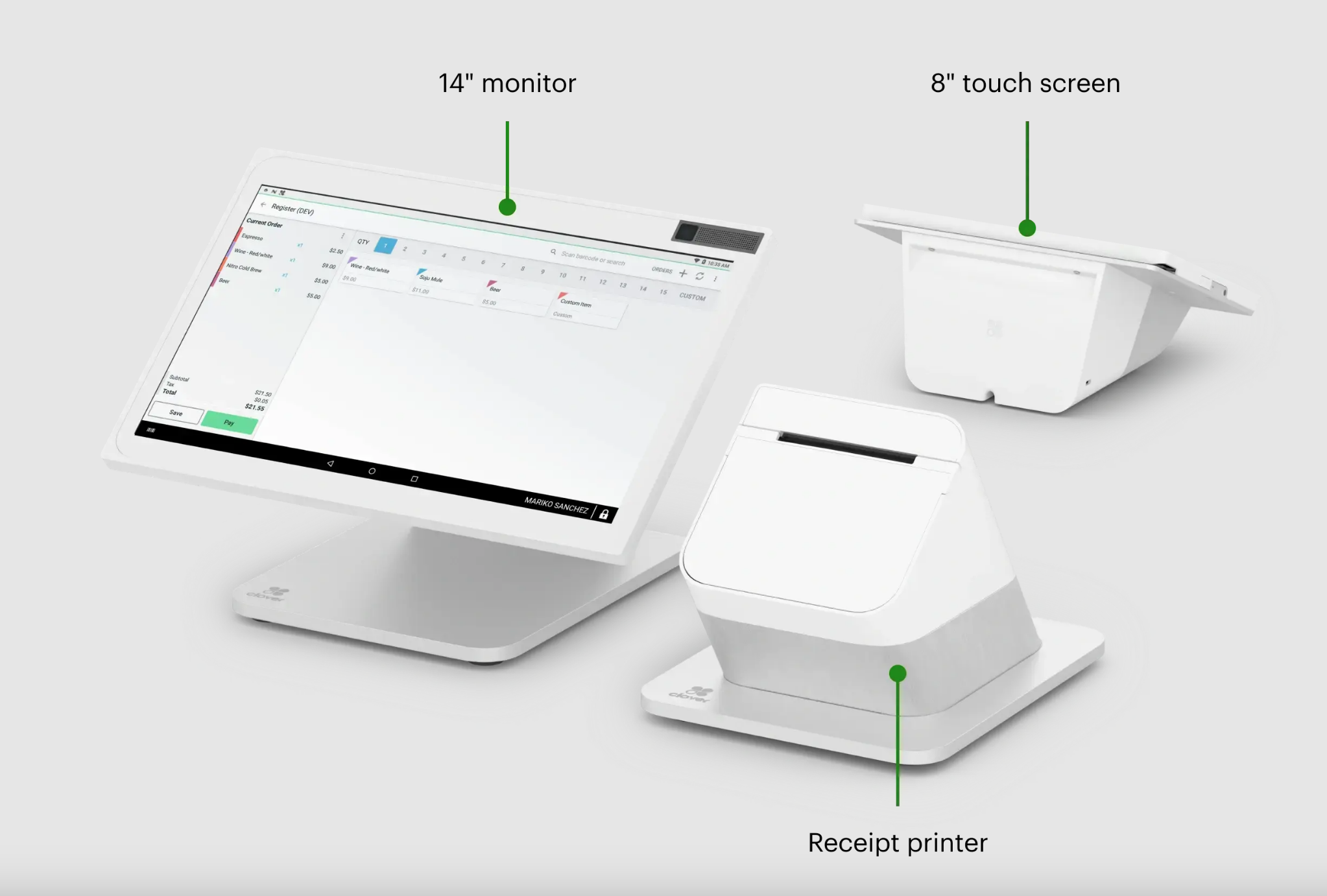 Point-of-sale system with a 14-inch monitor displaying sales data, a receipt printer, and an 8-inch touch screen, all in white electronic devices.