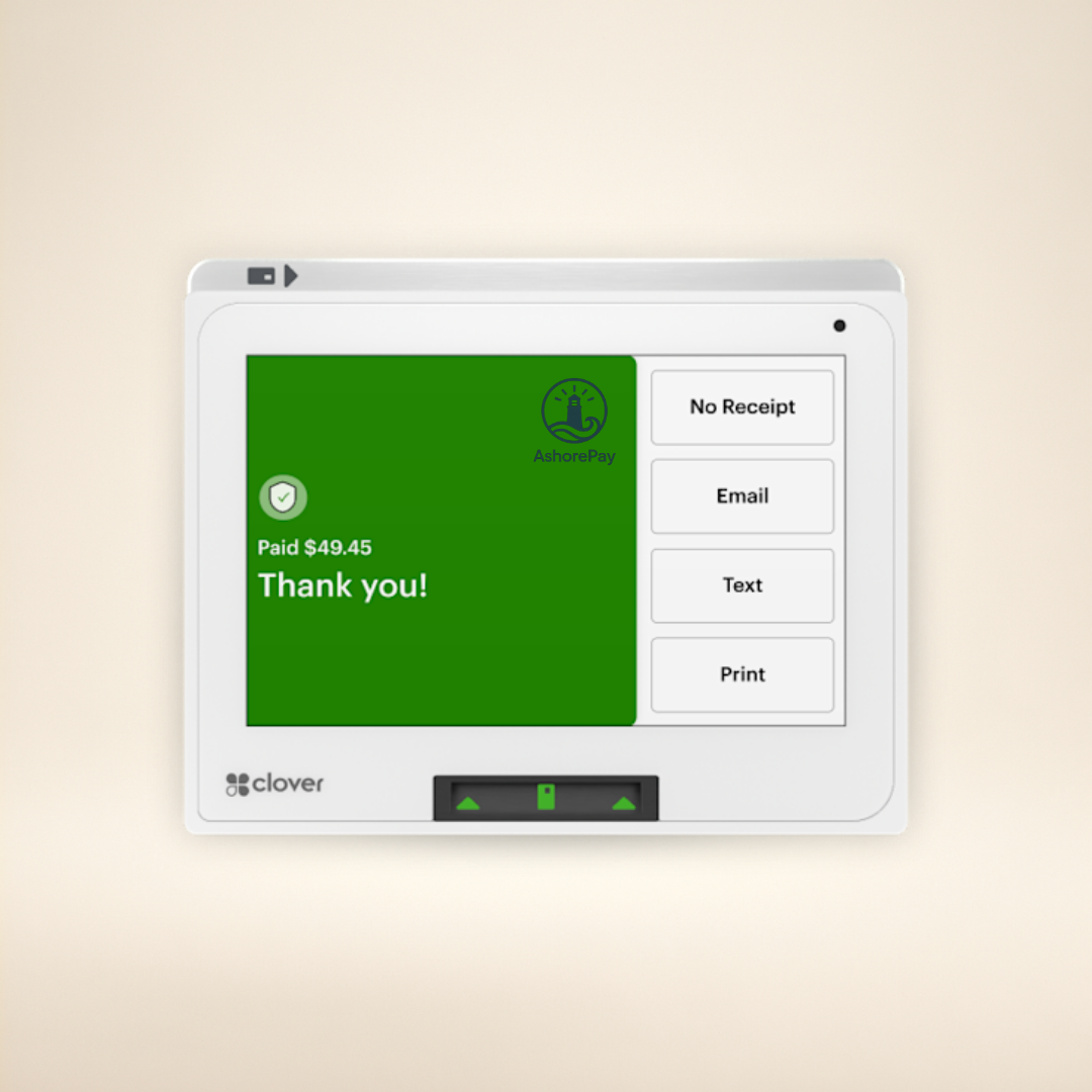 A digital payment terminal showing a received payment of $49.45 with a green screen displaying 'Thank you!' and the AshorePay logo, with options for No Receipt, Email, Text, and Print on the side.