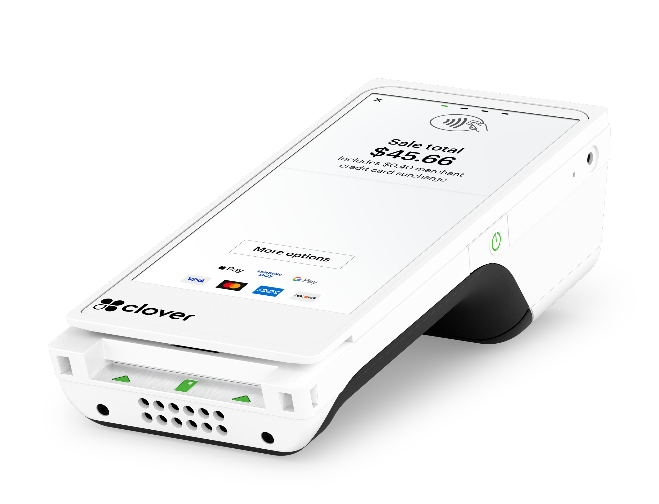 Clova contactless payment terminal with a touchscreen displaying a sale total of $45.66, including a merchant surcharge, with options for different payment methods.