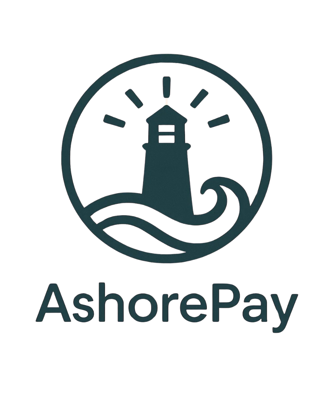 Logo featuring a lighthouse with waves and a clock at the top, with the word "AshorePay" underneath.