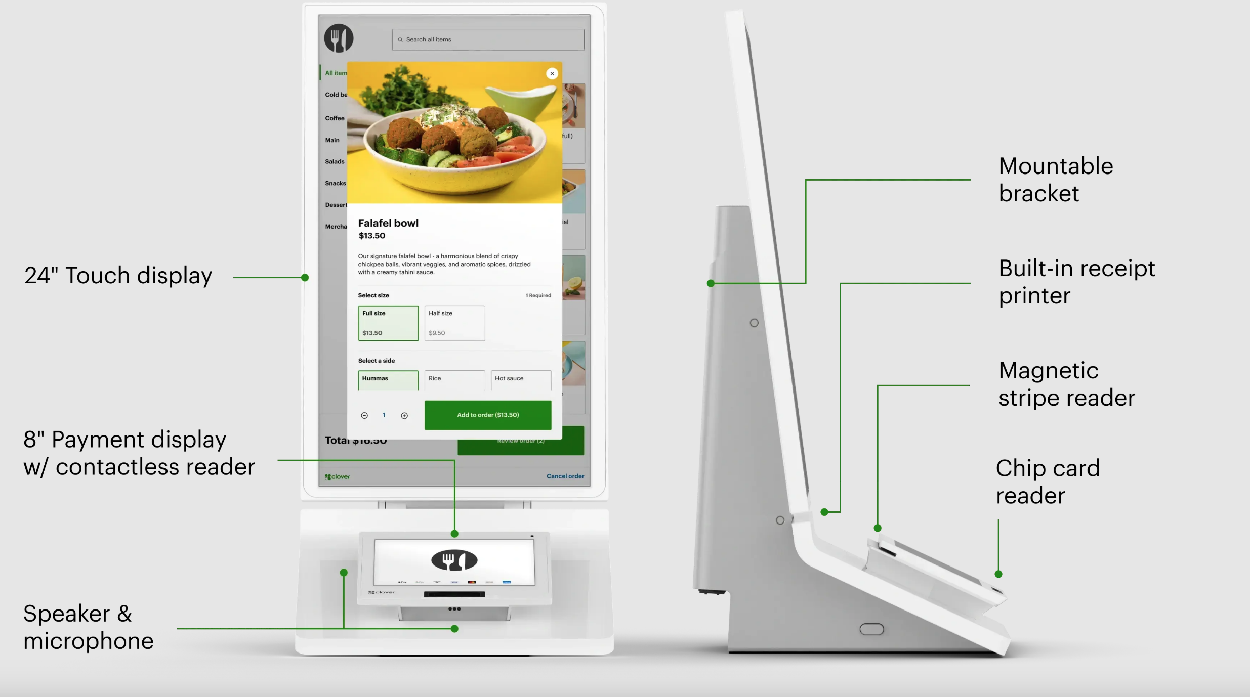Diagram of a self-order kiosk with labeled features including a 24-inch touch display showing a falafel bowl order, an 8-inch payment display with contactless reader, a speaker and microphone, and a side view of the kiosk with components including a mountable bracket, built-in receipt printer, magnetic stripe reader, and a chip card reader.