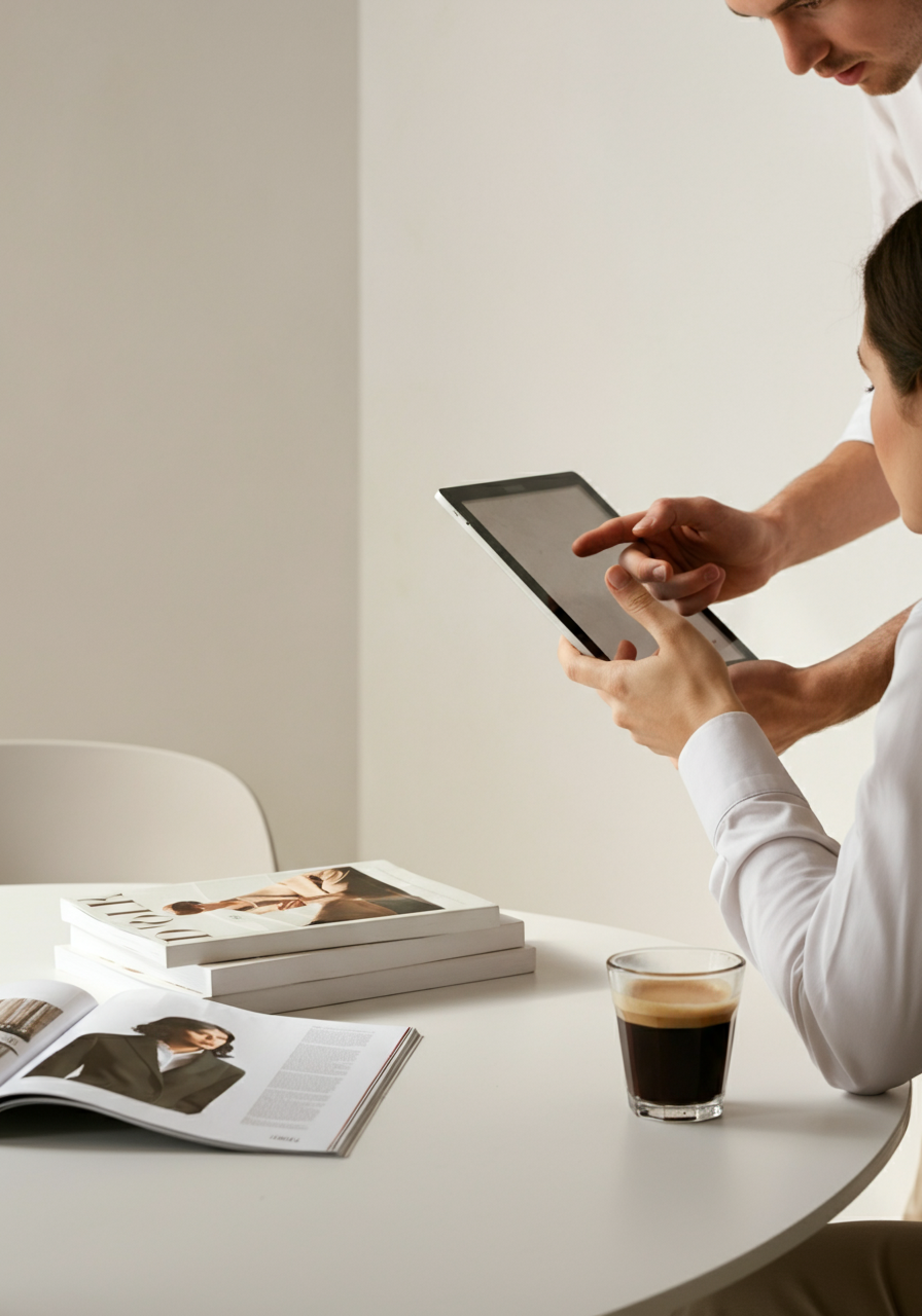 Zwei Personen, die sich an einem weißen Tisch über ein Tablet unterhalten, während Magazine und eine Tasse Kaffee auf dem Tisch liegen.