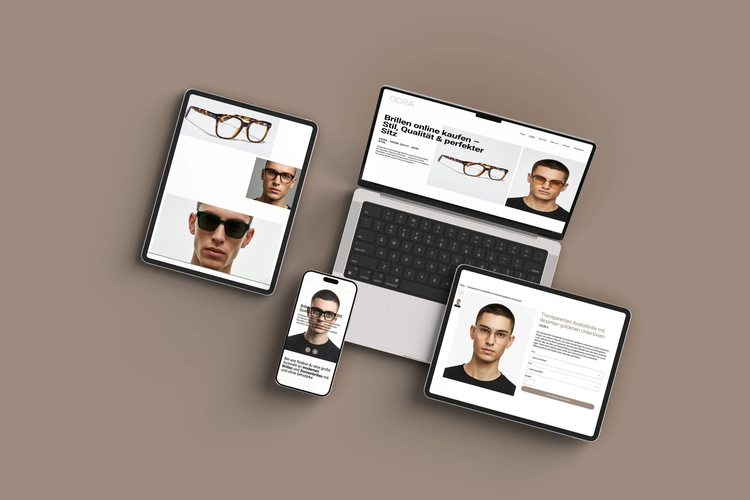 Mehrere Geräte zeigen eine Webseite zum Thema Brillen, inklusive Bilder von Modellen und Sonnenbrillen, sowie eine Bestellung und Produktinformationen, alles auf einem neutralen Hintergrund.