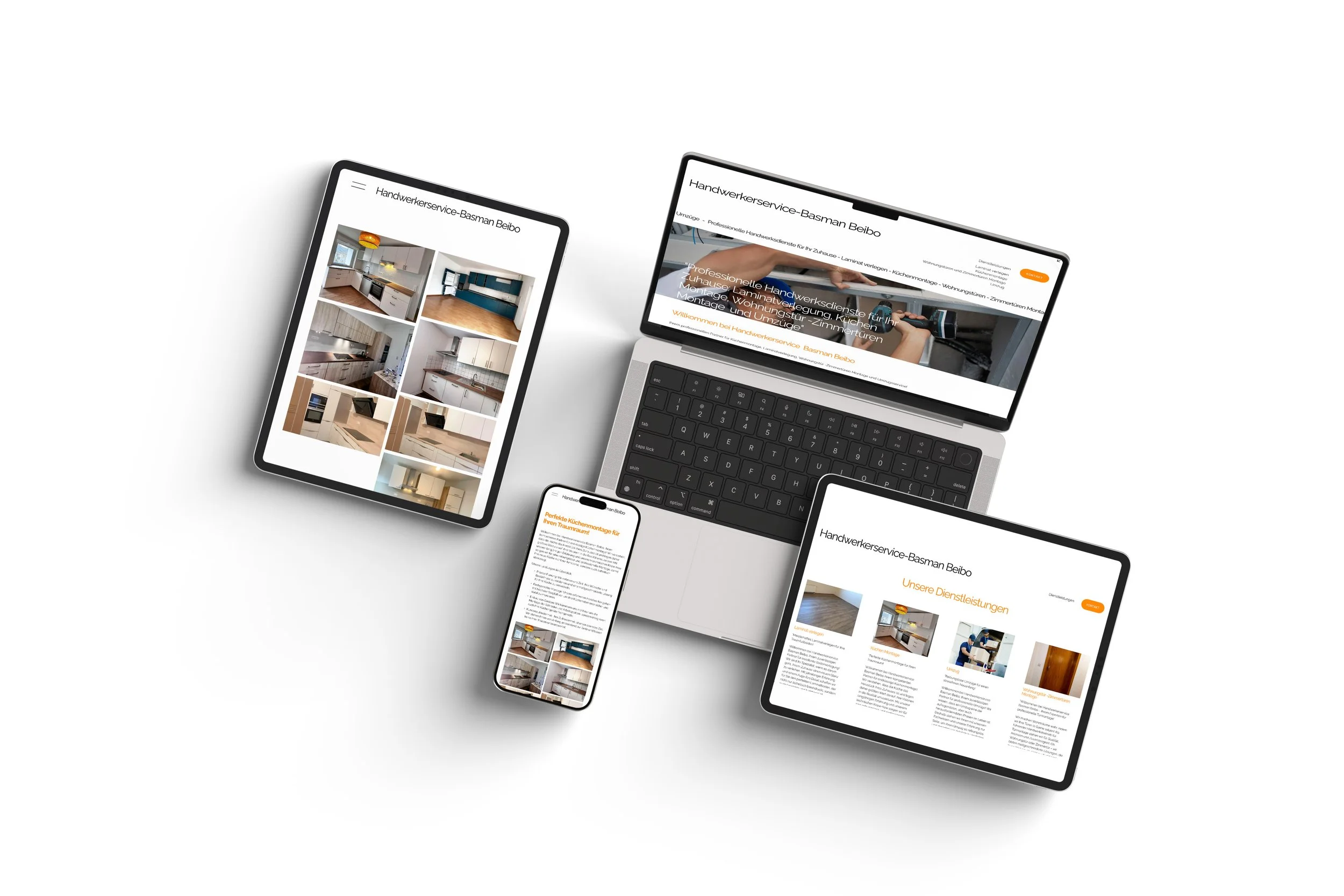 Mehrere elektronische Geräte, darunter ein Laptop, ein Smartphone, ein Tablet und ein weiteres Tablet, die alle Bildschirme mit einer Webseite für Handwerker-Service zeigen.