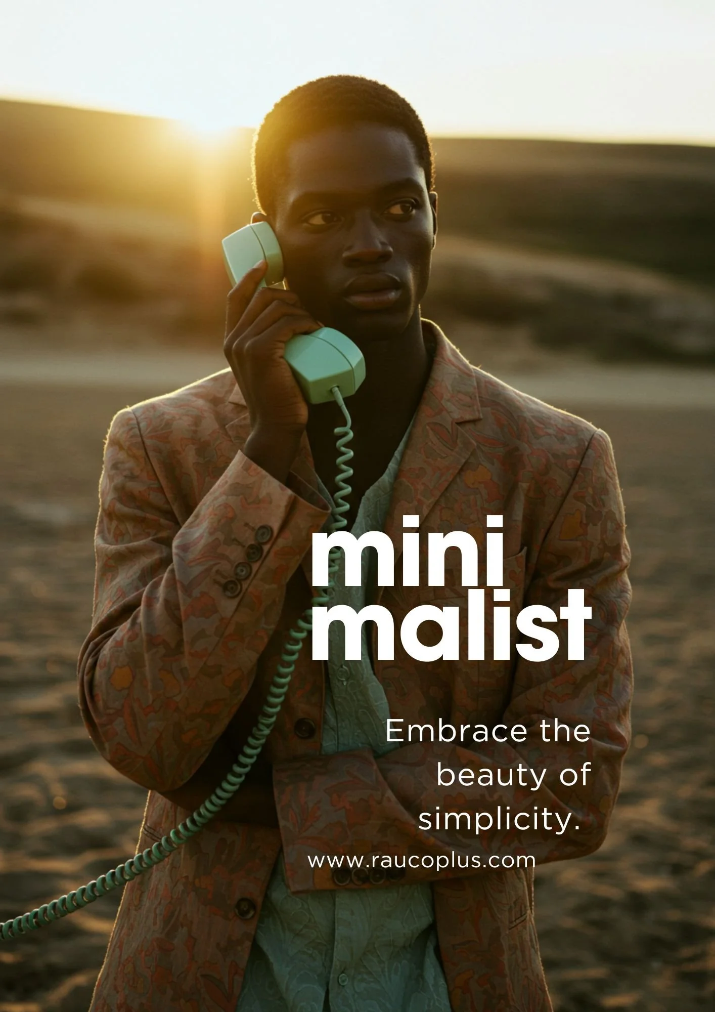 Ein Mann mit dunkler Hautfarbe trägt einen karierten Anzug und spricht in ein hellgrünes Telefon, während er im Freien bei Sonnenuntergang steht.