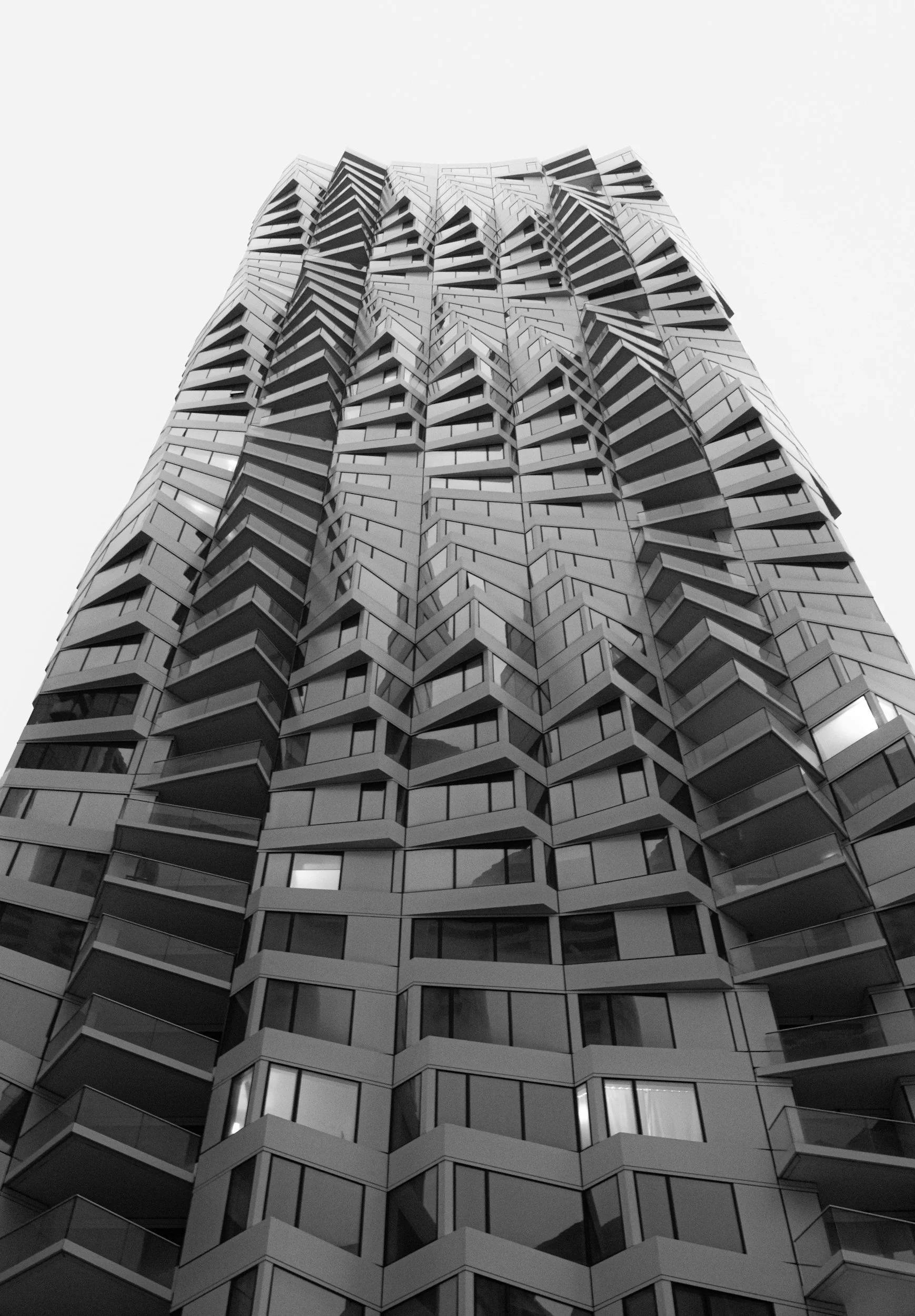 Low-angle black-and-white photo of a modern high-rise building with a geometric, sculptural facade and multiple balconies.