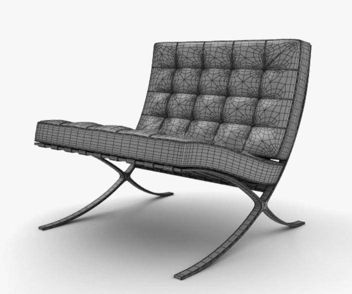 3D wireframe model of a modern lounge chair with tufted cushions and curved metal legs.