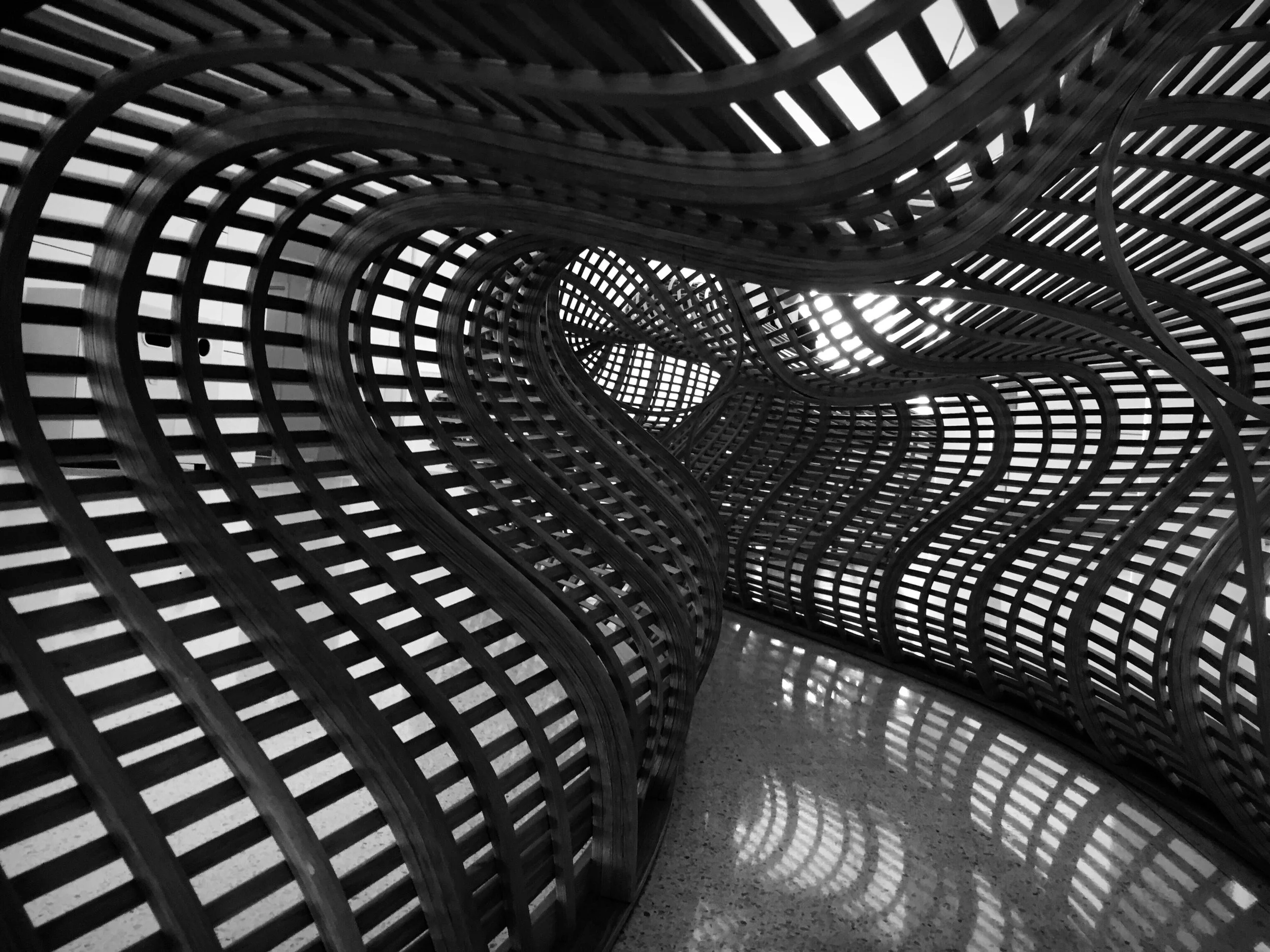 Black and white photo of entwined wooden slat structures creating curves and patterns, with light shining through gaps, casting shadows on the floor.
