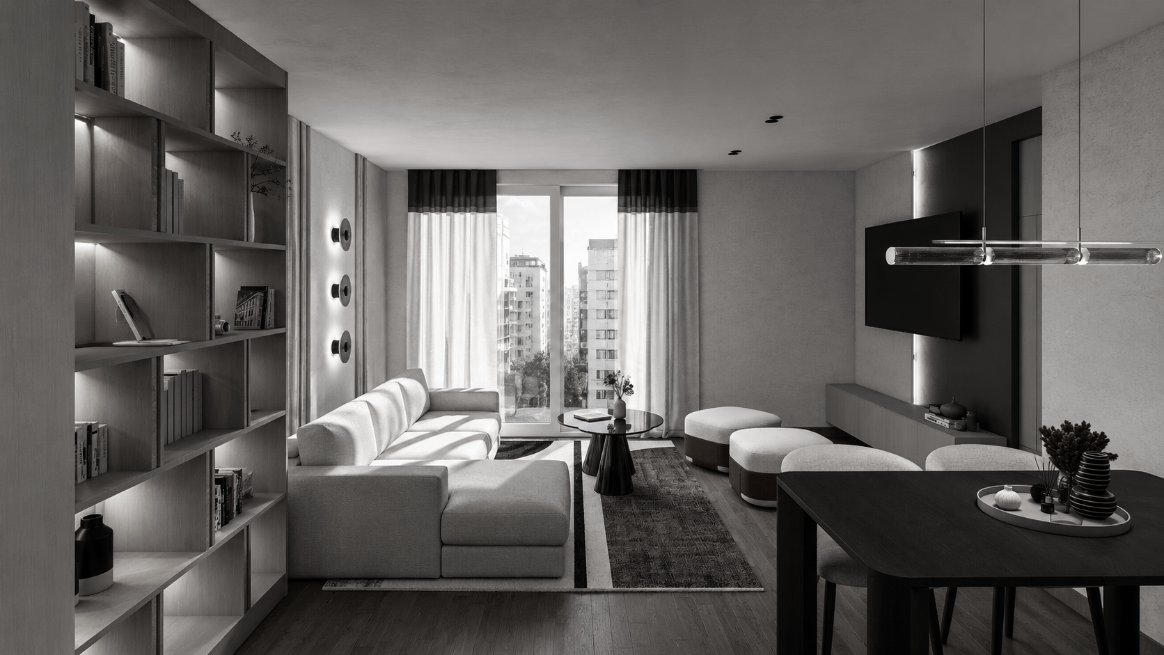 Modern living room with a large window, white sofa, round coffee table, and built-in TV unit, decorated with vases and books, in a monochrome style.