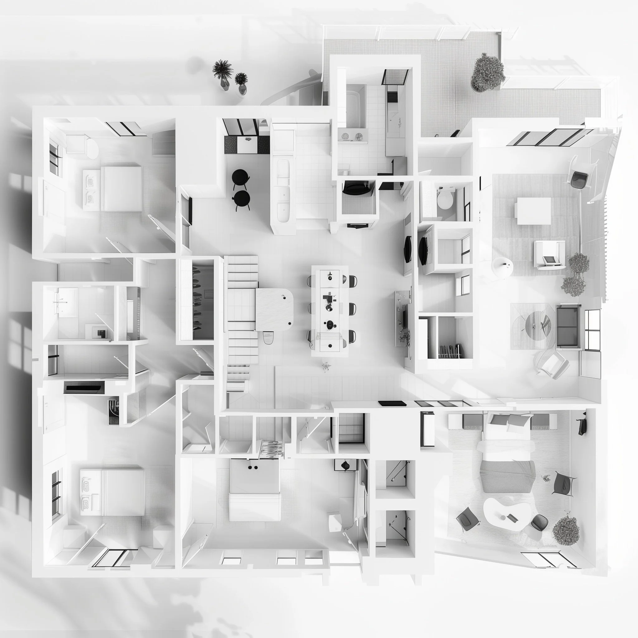A top-down view of a modern, white-furnished home interior layout including bedrooms, bathrooms, kitchen, living rooms, and dining area.