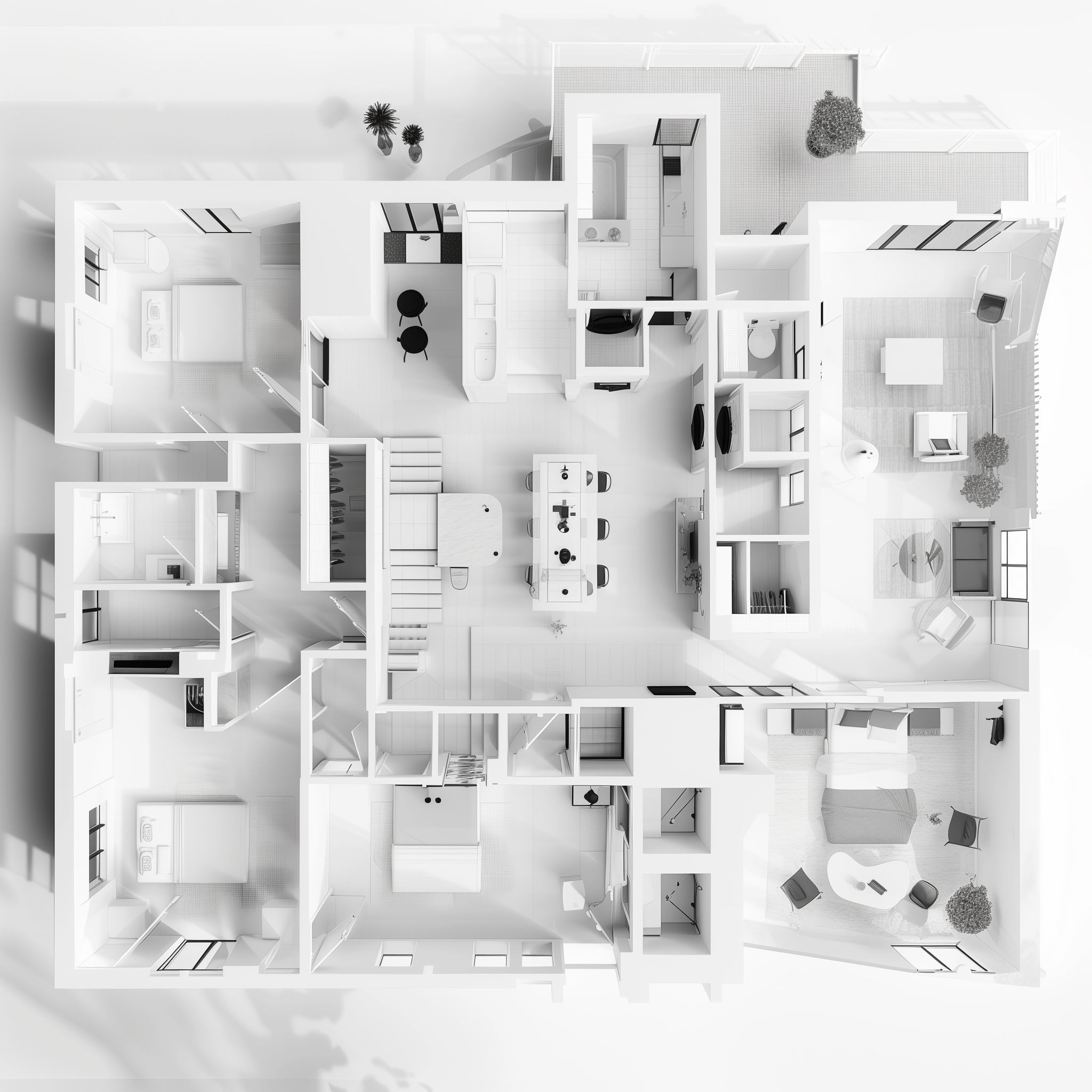 A top-down view of a modern apartment floor plan with multiple bedrooms, a kitchen, living areas, and outdoor space.