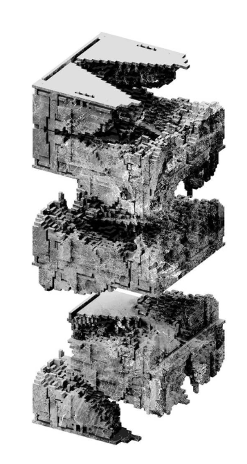 Deconstructed 3D pixelated cube with complex textured interior layers