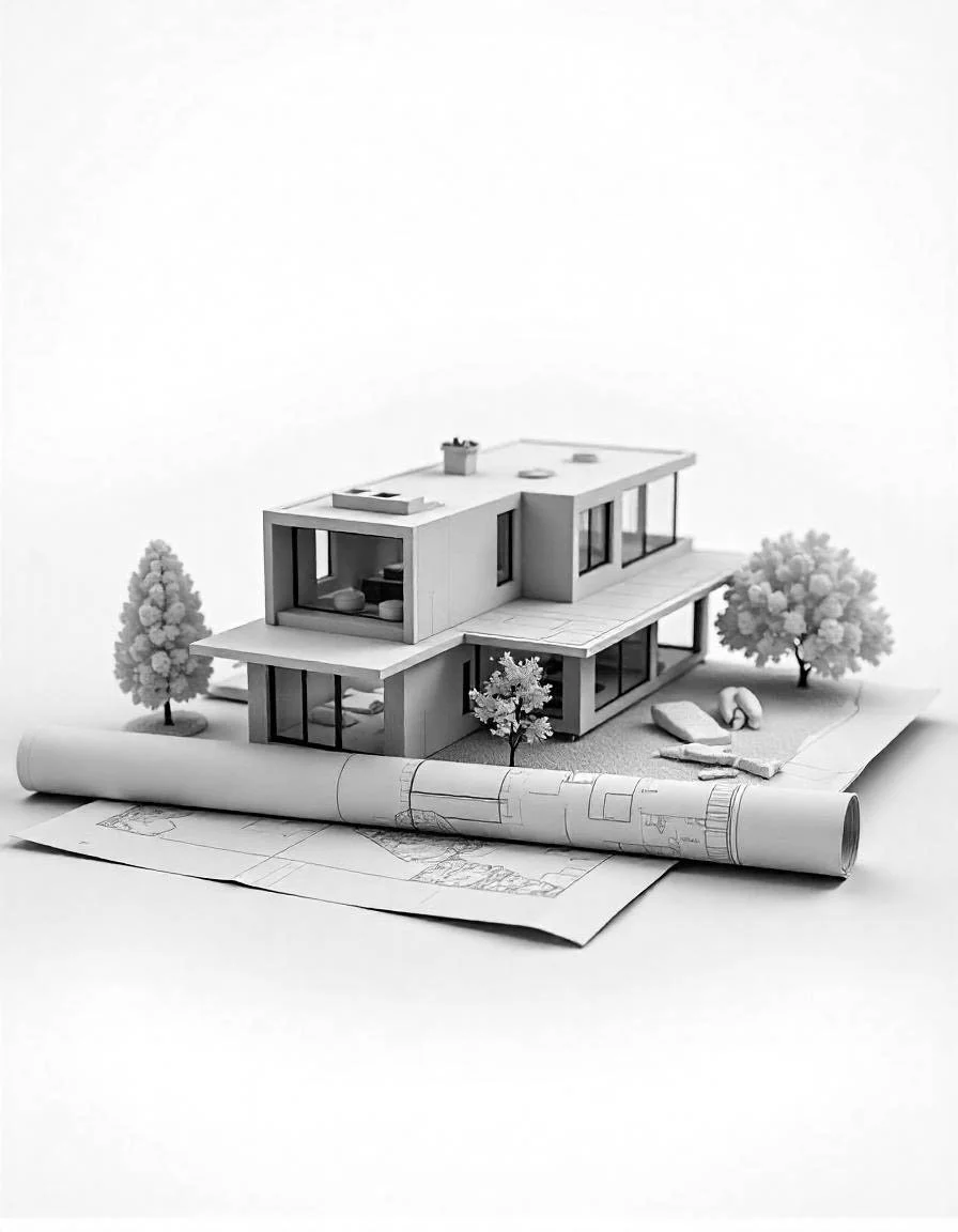 Architectural model of a modern house with trees and blueprints.