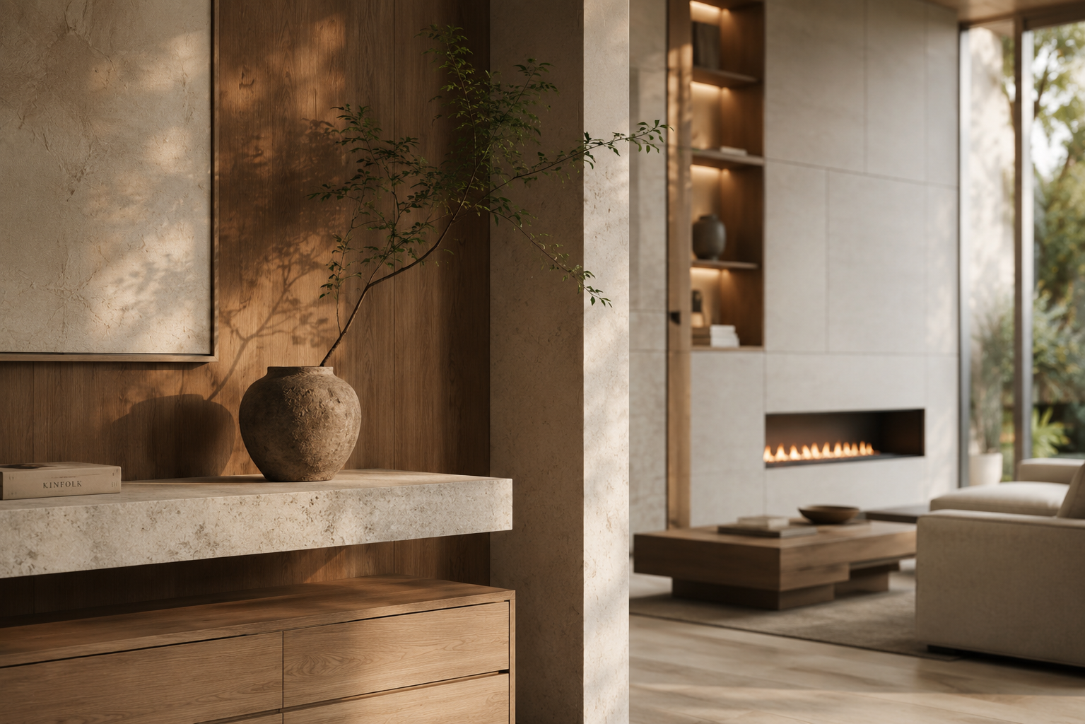Modern living room with a stone and wood interior, a potted plant, and a fireplace