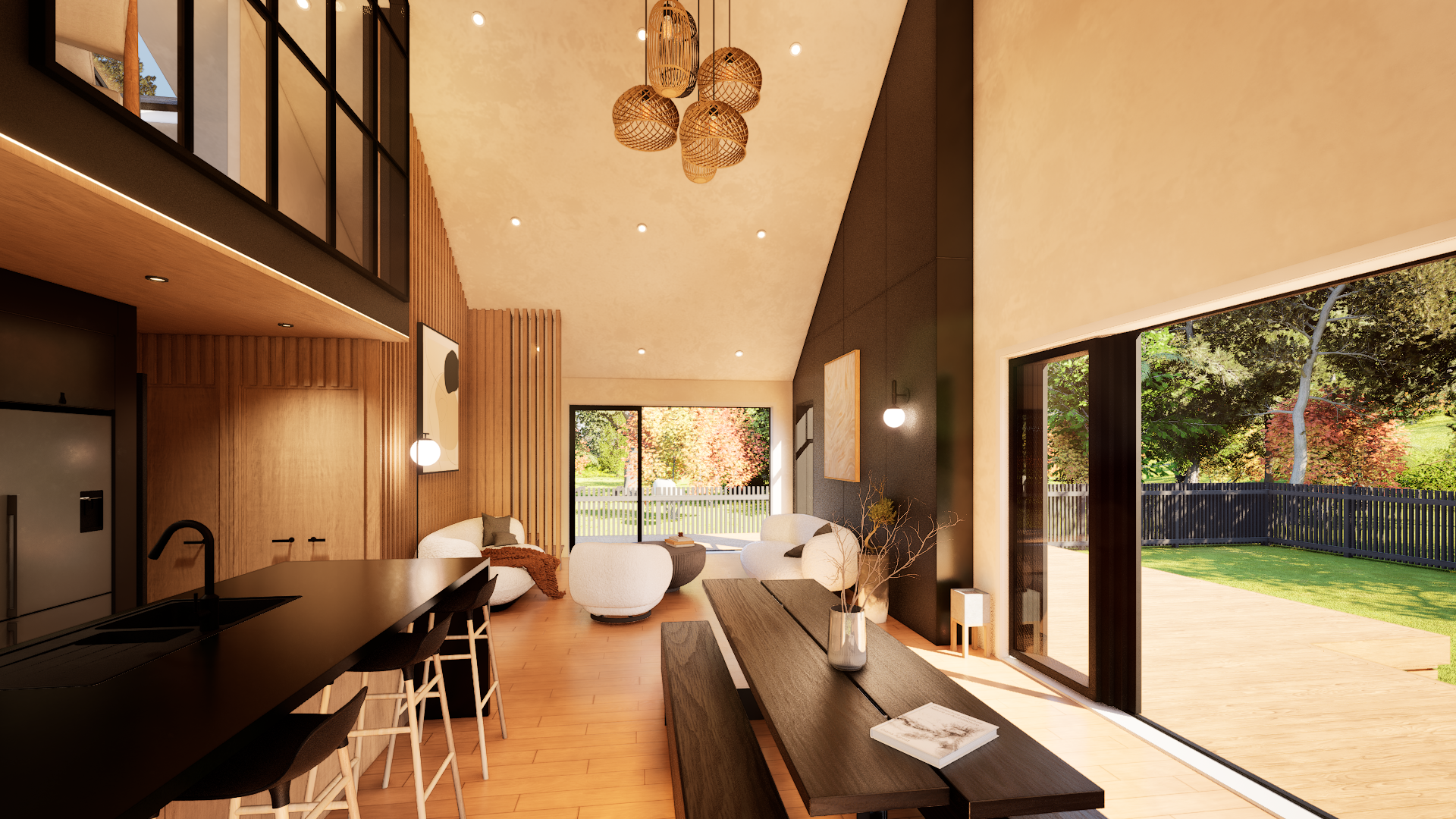Modern living room with wood accents, white seating, black kitchen counter with bar stools, large windows showing a yard with trees, and hanging light fixtures.
