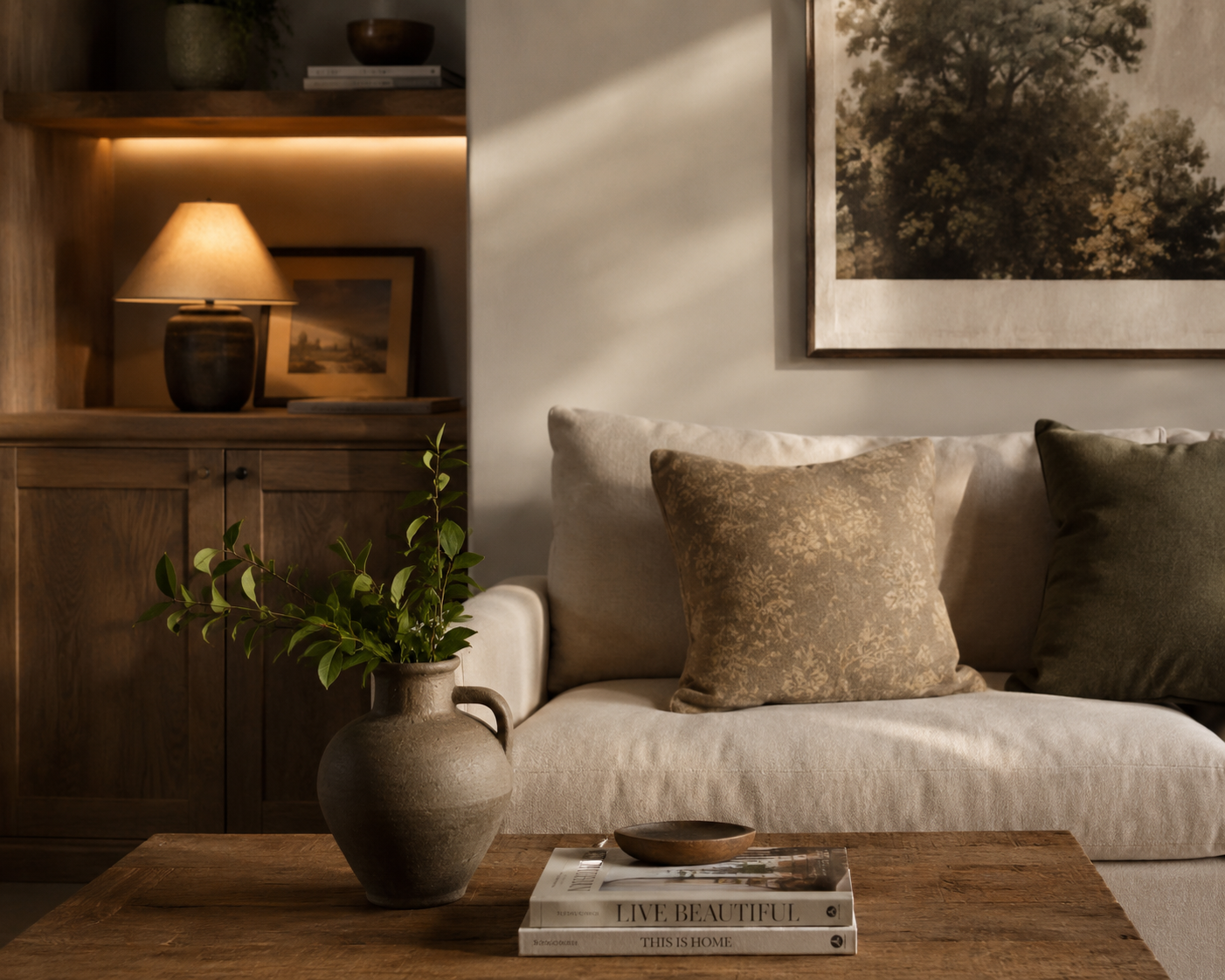 Cozy living room with beige sofa, decorative pillows, a wooden coffee table with a potted plant, magazines, and a polished wooden sideboard with a table lamp and framed artwork, illuminated by warm lighting.