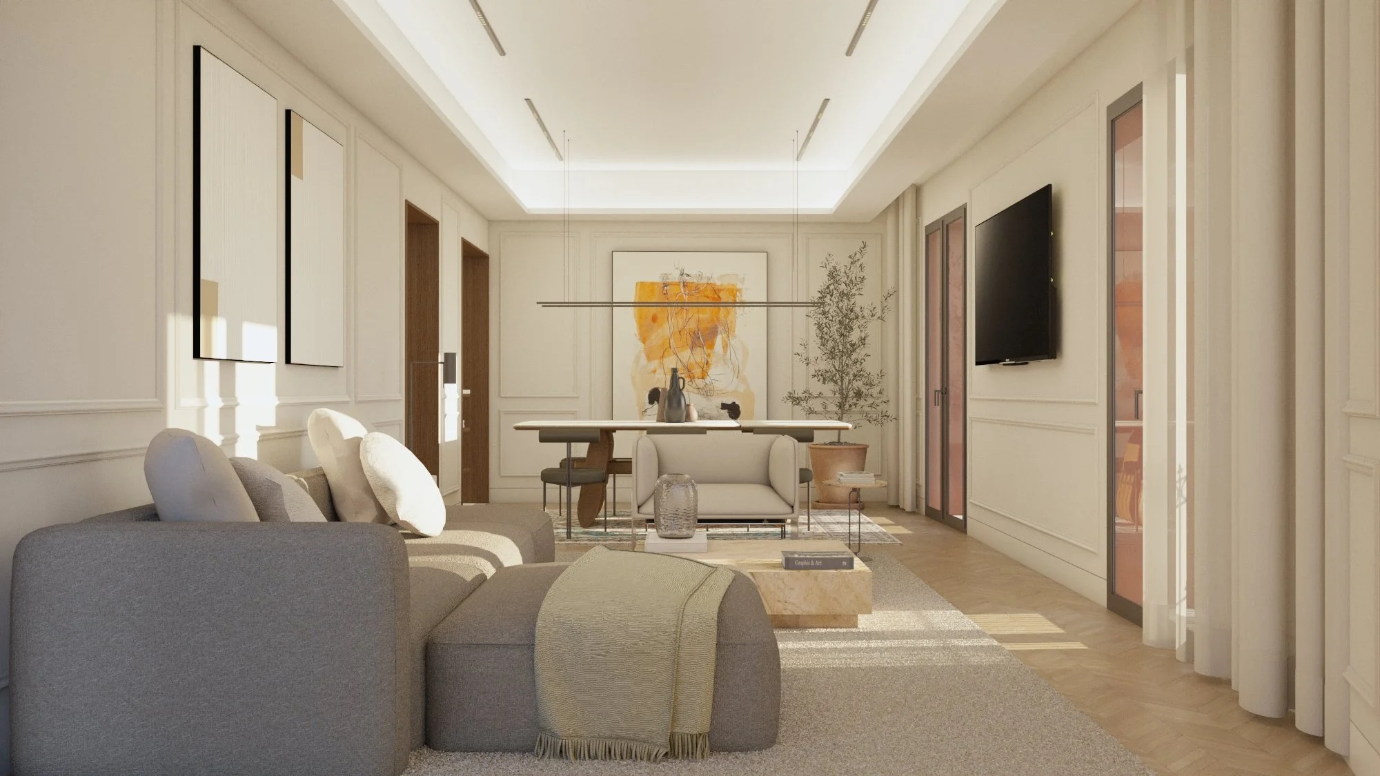 Sala moderna con paredes blancas, sofá gris, mesa de centro de piedra, decoración con cuadros abstractos y plantas.