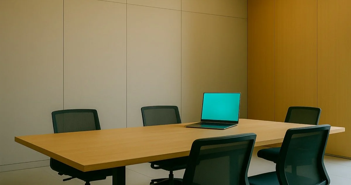 Empty conference room with four chairs, a wooden table, a laptop with a blue screen, beige wall panels, and a wooden accent wall in a modern office setting.
