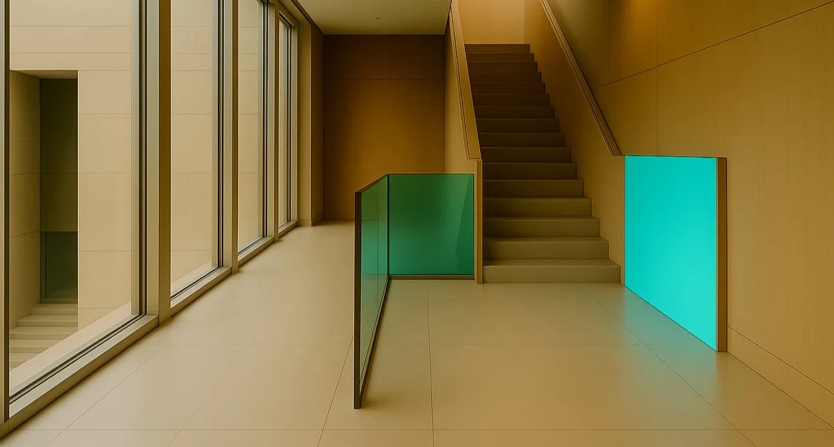 Interior view of a modern building with wooden walls, glass partition, staircase, and colorful illuminated panels