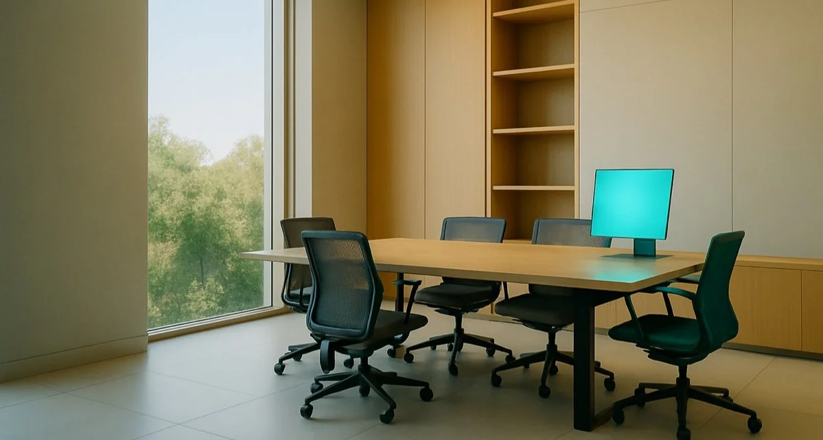 Office conference room with a large window, a wooden meeting table, six black office chairs, a computer monitor on the table, and empty built-in wooden shelves against the wall.