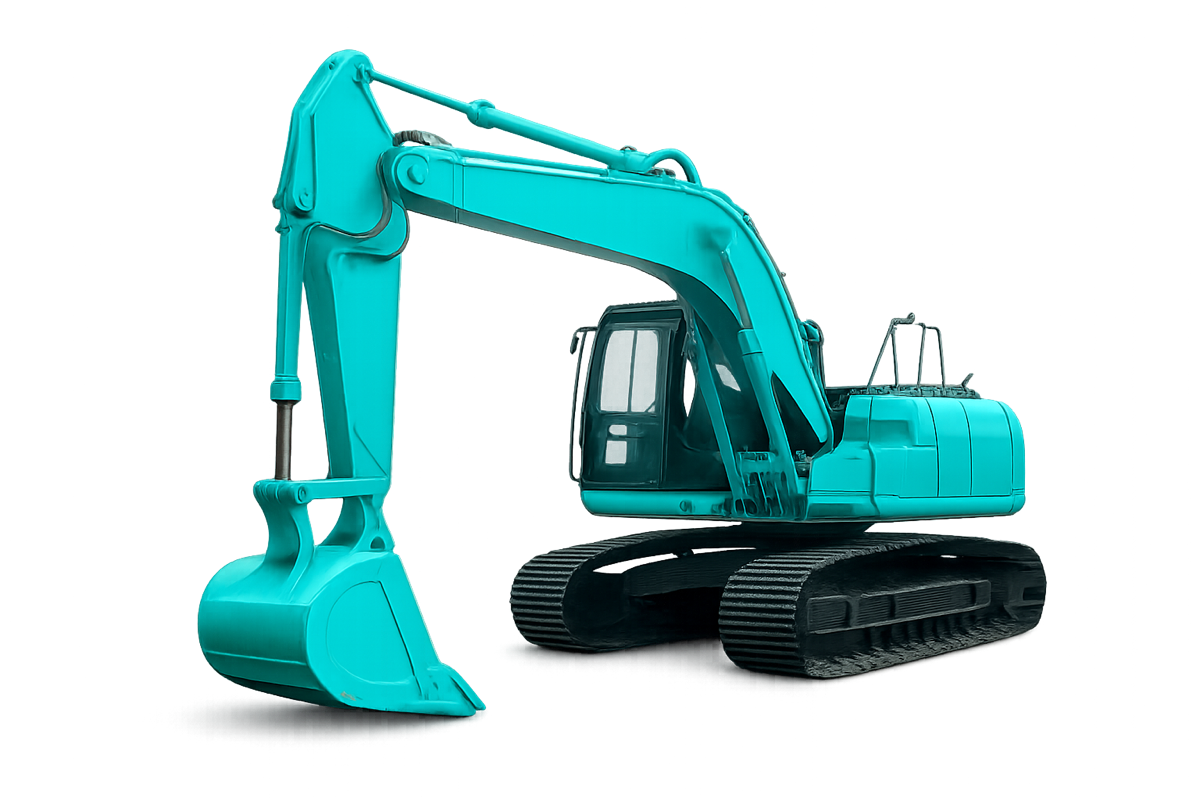 A teal construction excavator with black tracks isolated on a black background.