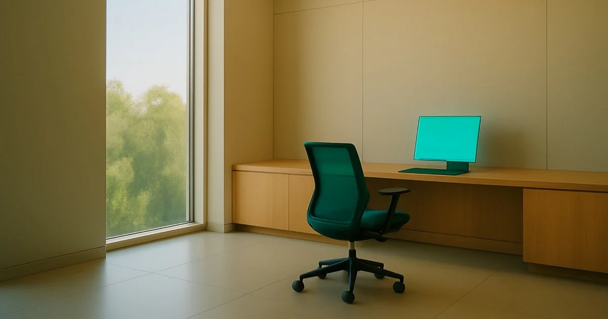 An office with a wooden desk, a teal ergonomic chair, a computer monitor with a teal screen, near a large window showing a view of trees outside.