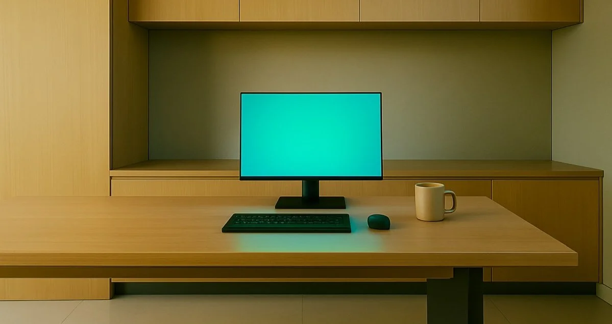 An office desk with a computer monitor, keyboard, mouse, and a coffee mug in front of a built-in wooden cabinet, with a large white number '04' on the left wall.